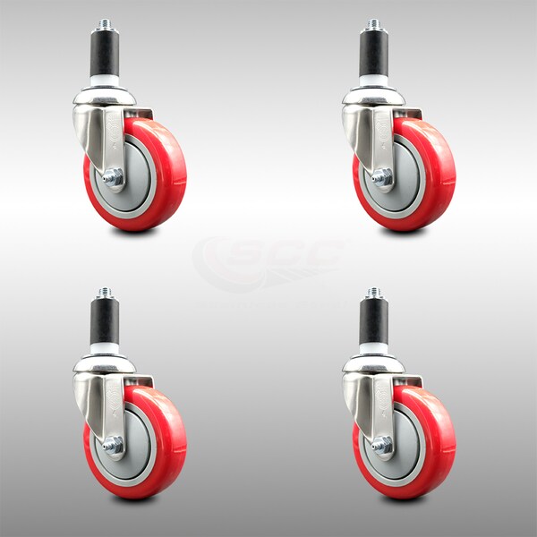 Service Caster 4 Inch 316SS Red Polyurethane Swivel 1-1/4 Inch Expanding Stem Caster Set SCC SCC-SS316EX20S414-PPUB-RED-114-4 - main